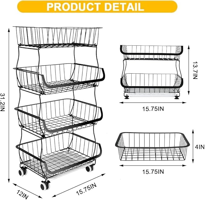 Miyawell Fruit Vegetable Storage Basket, 4 Tier Stackable Metal Wire Storage Baskets with Wheels, Fruit Vegetable Produce Basket Organizer Bins for Kitchen, Pantry, Bathroom