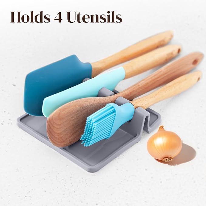 Cooler Kitchen Gray Silicone Spoon Rest for Stove Top with Drip Pad (2 Pack) - Heat Resistant BPA Free Utensil Rest & Kitchen Spoon Holder for Kitchen Counter - Grill Countertop - Spatula Holder