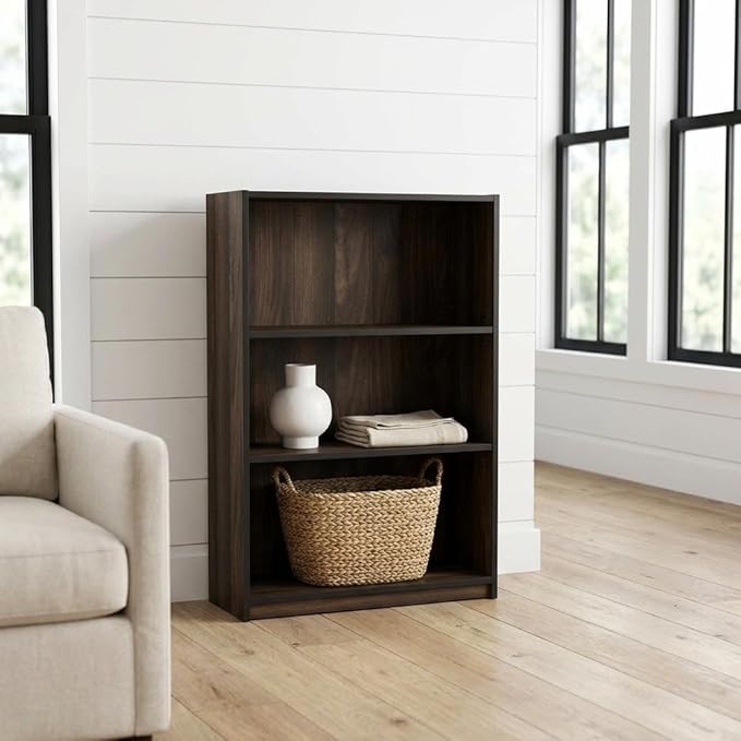 Furnifact Walnut 3-Tier Adjustable Shelf Bookcase, Durable Wood, Versatile Storage, Stylish, Ideal for Home or Office
