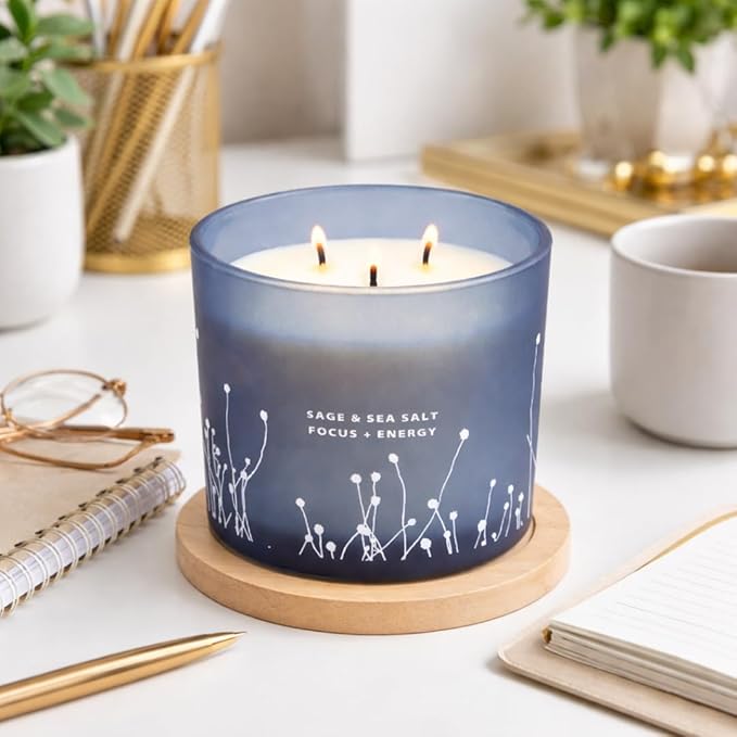 White Sage Sea Salt 3 Wick Candle - Large Soy Scented Candle 14.5 oz - Sage Candle for Cleansing House - Aromatherapy Energy Cleansing Candle for Home, Stress Relief, Women & Men