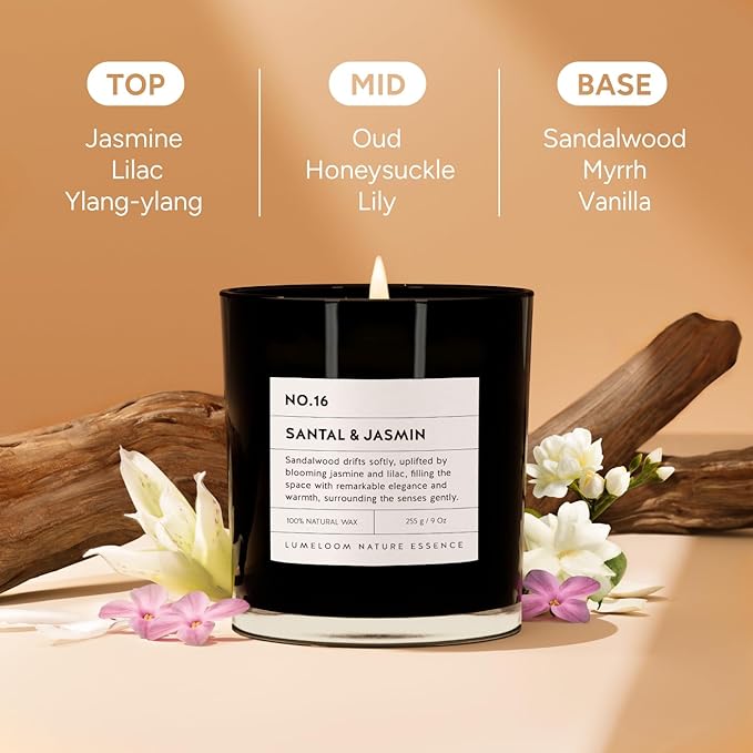 Santal & Jasmine Luxury Scented Candles, 9oz Soy Wax Candles for Home Scented, Jasmine, Sandalwood, Lilac Scent, Long Burning Time, Gifts for Women, Friends, Men, Sister, Teacher, Housewarming