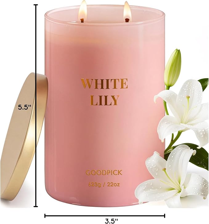 Goodpick Scented Candle White Lily, Soy Wax 22oz Long Burning 120H, Fresh Floral Citrus & Woody Musk, Home Aromatherapy Candles