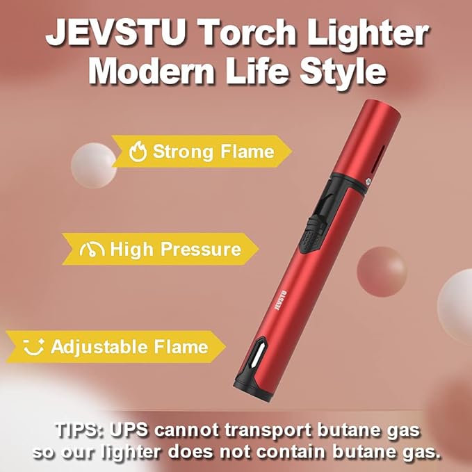 Butane Torch, 6-inch Refillable Pen Lighter with Adjustable Jet Flame for Grill BBQ Candle Camping (Gas Not Included) - RED