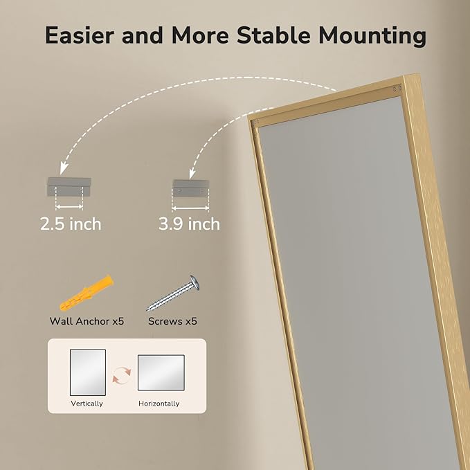 USHOWER Brushed Gold Bathroom Mirrors for Over Sink 30x40 Inch, Metal Framed Rectangle Vanity Mirror for Wall, Bedroom, Living Room, Entryway, Anti-Rust, HD Tempered Glass, Horizontal/Vertical