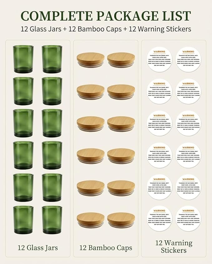 GLATABAM 7 OZ Candle Jars 12 Pack - Bulk Glass Candle Making Jars with Bamboo Lids & Labels, Heat Resistant Empty Reusable Candle Vessel for Containers(Green)