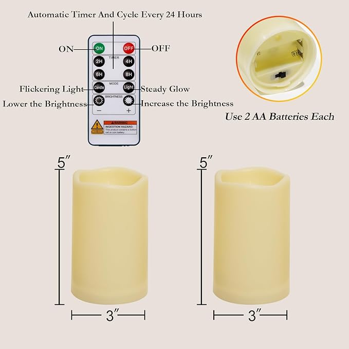 Homemory 3"x5" Flameless Candles, Outdoor Waterproof, Battery Operated LED Pillar Candles with Remote Control and Timer, Plastic, Long Lasting