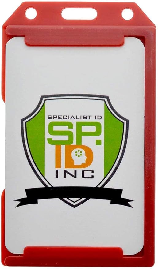 5 Pack - Heavy Duty 2-Sided Rigid Multi Card Holder - Hard Plastic Vertical ID Badge Holders for 2 Standard or Thick Prox Cards, Fuel Card, CAC, Work Badge, or Credit Cards by Specialist ID (Red)