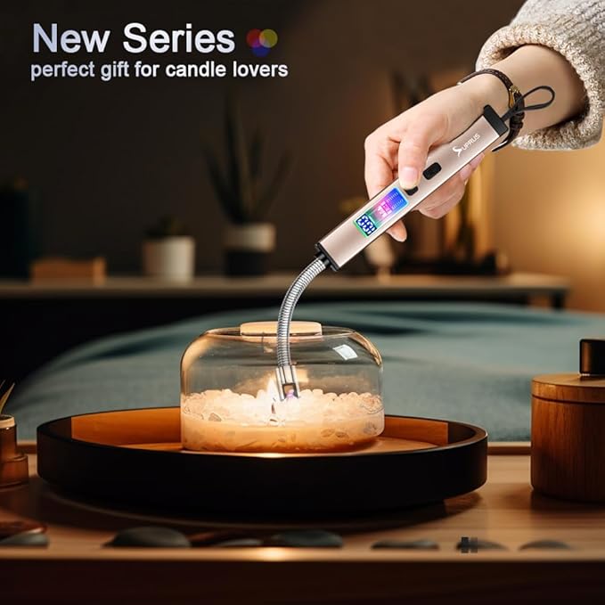 SUPRUS Electric Candle USB Type C Rechargeable 360° Flexible Neck Lighter with Upgraded LED Battery Display Safety Switch Flameless Plasma Windproof (Champagne Gold, 3Packs)
