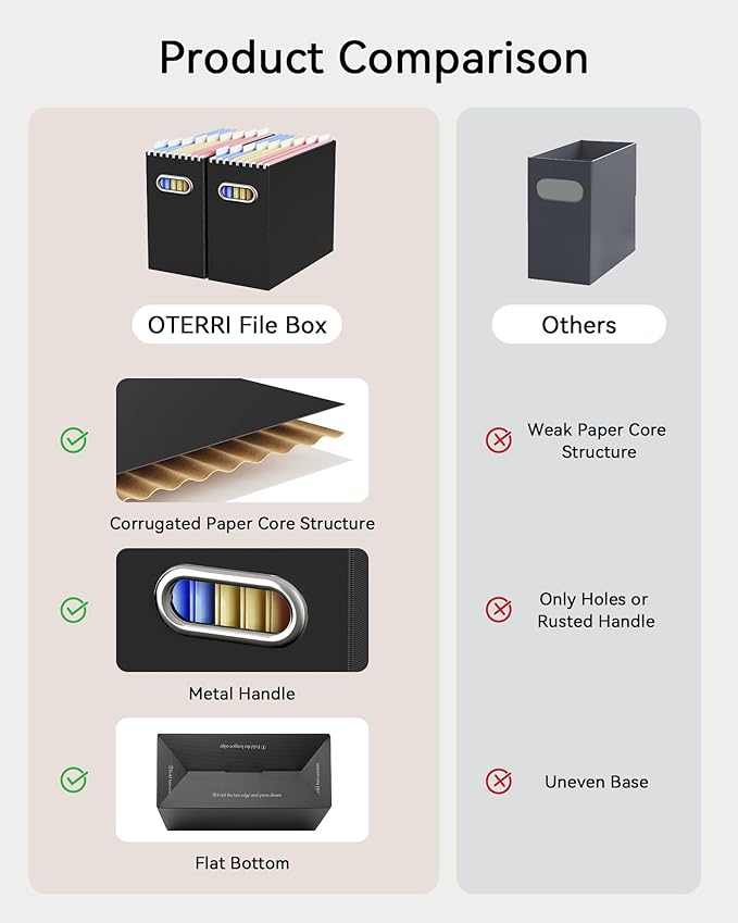 Oterri File Organizer Box, Portable Collapsible Cardboard File Folder Organizer with Handle for Letter Size Hanging Files, Document Storage Box for Home Office & Classroom (6 Packs, Black)