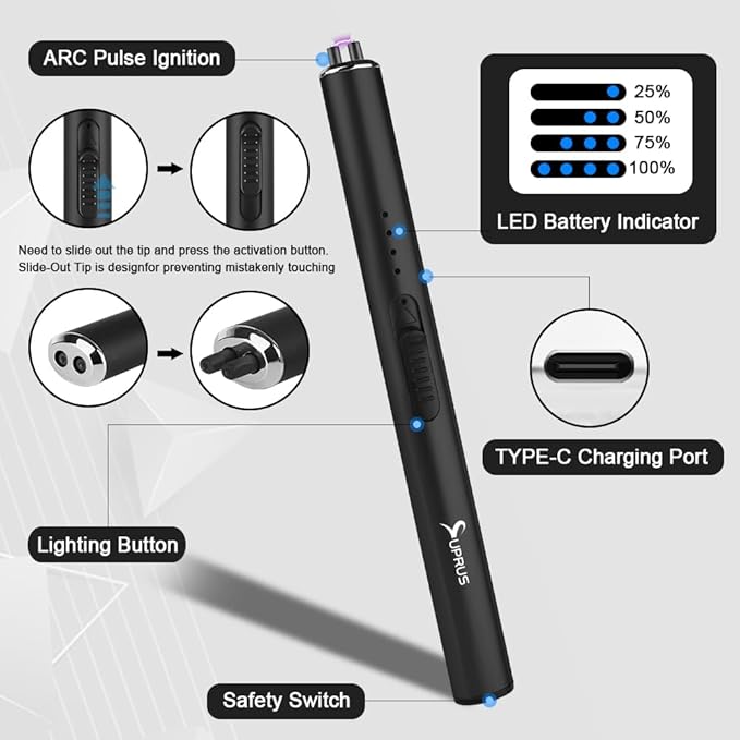 SUPRUS Electric Arc Windproof Flameless USB Rechargeable Lighter with Safety Lock for Candle (Black, 3 Packs)