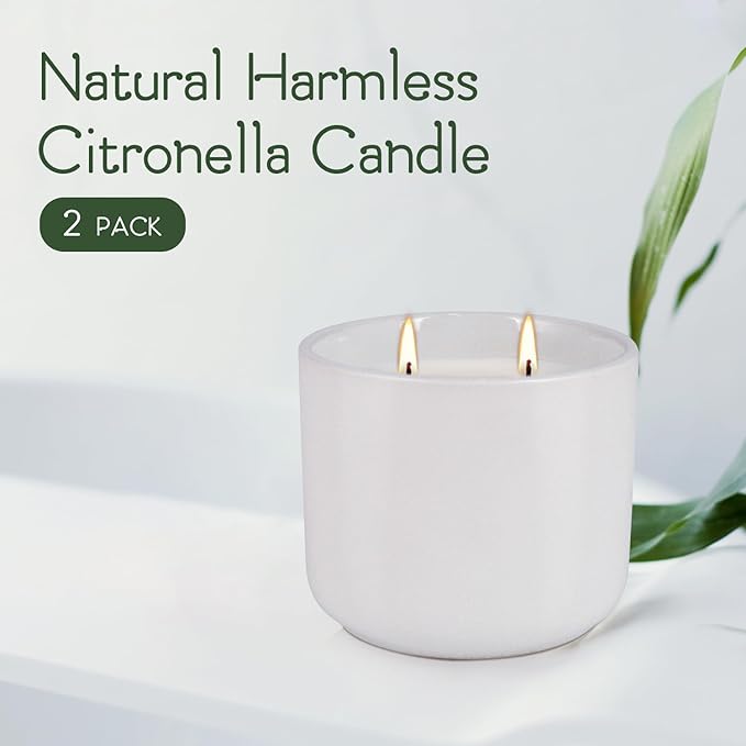 2-Pack Citronella Candles in White Ceramic Jars - 2 Cotton Wicks, Citronella Oil with Elegant White Pillar Design Perfect for Outside Patio, Camping & Garden, Summer Gifts for Indoor Home
