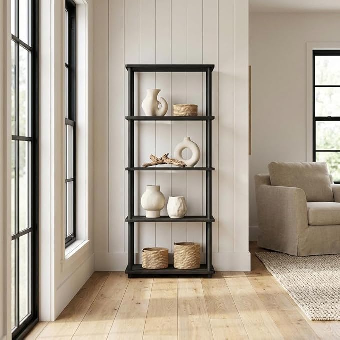 Furnifact Espresso Black Bookcase with Sturdy Wood Construction, Sleek Modern Design, Versatile Storage, Ideal for Home or Office Organization