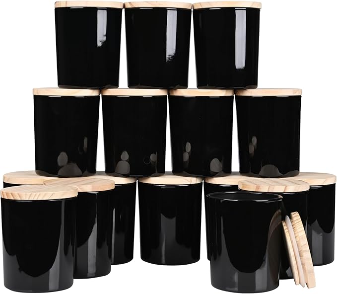 Thick Candle Jars for Making Candles 16 Pcs, 7 OZ Empty Jars with Wood Lids for Candle Making, Sample Container, Glossy Black