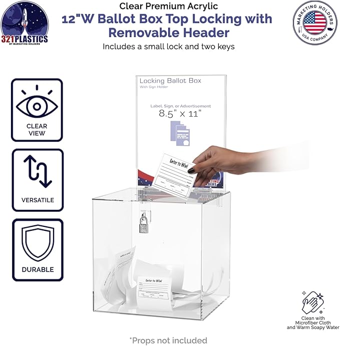 Marketing Holders 12 Inch Locking Ballot Box with Removable 8.5" x 11" Header Sign Holder Clear Acrylic Cube Suggestion Bin