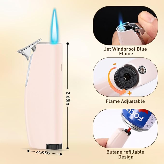 Women's Mini Butane Torch Lighter, Windproof Jet Flame Refillable Adjustable Candle Lighter for BBQ, Camping, Daily Use, Ideal Gift, 2 Pack (Light Pink, Butane Not Included)