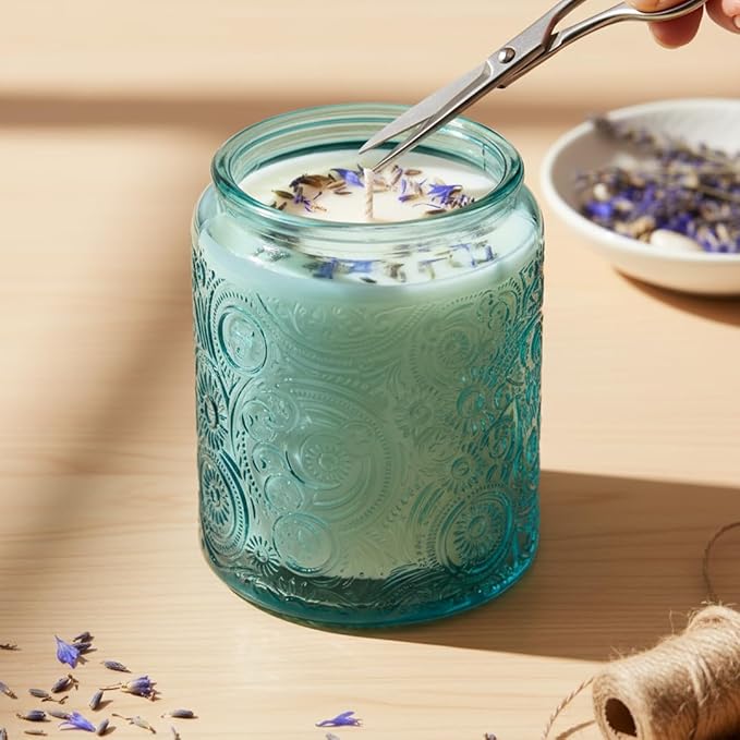 9-Pack 8oz Embossed Glass Candle Container with Bamboo Lids and Labels, Blue Candle Jars for Making Candles, Sun Moon Star Design
