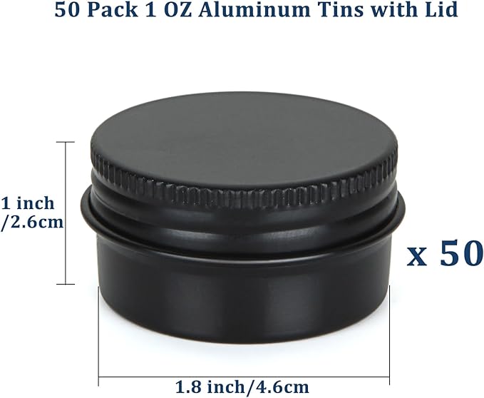 Acrux7 50 Pack 1oz Black Tins with Lids, 30 ml Aluminum Screw Top Tin Containers, Round Lip Balm Tins, Small Metal Storage Travel Tin Cans for Salves, Candles, Cream, Cosmetics, Spices (Black)