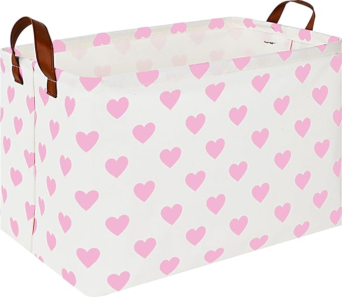 Rectangle Pink Heart Gift Basket,Storage Basket for Girls, Room Decor, Books Shelf Baskets (Pink Heart)
