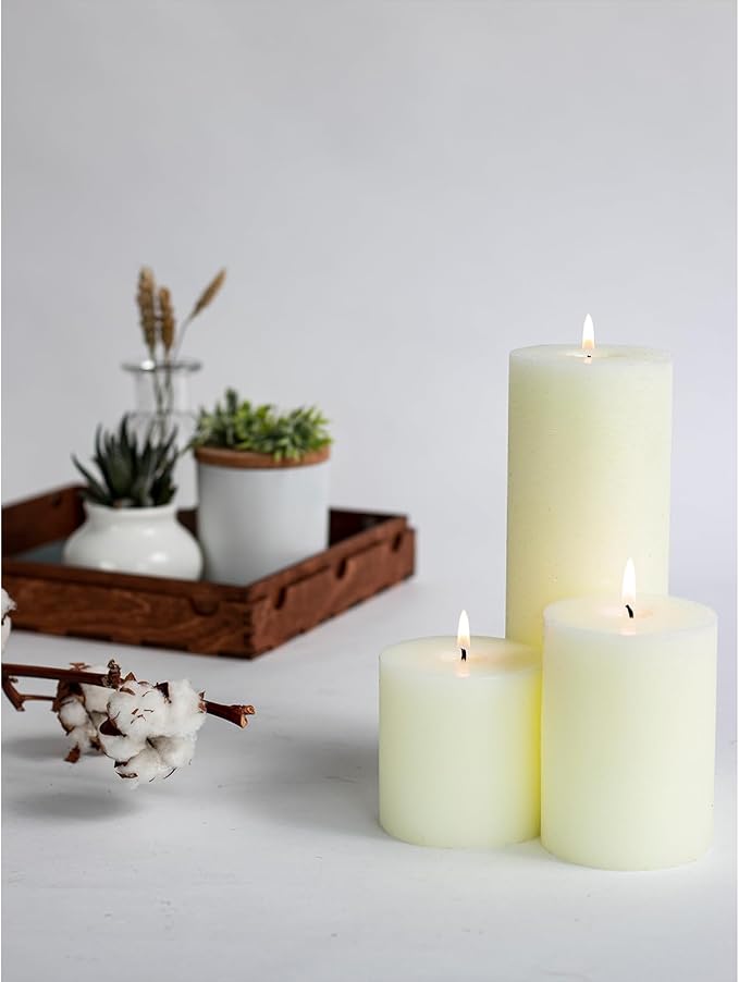 CANDWAX Assorted Pillar Candles Set of 3 – Sizes 3", 4", 8" Unscented Dripless Large Candles, Rustic Style Long Burning for Weddings, Home Decor – Ivory