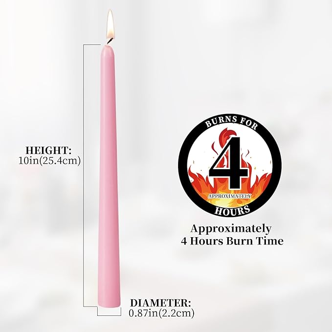 KONNI 0.87×10 Inch Pink Taper Candles, Unscented and Smokeless Tall Candlesticks, 10 Pack Tapered Candles with Cotton Wicks, Long Burning, Ideal for Weddings, Dinner Parties, and Home Décor