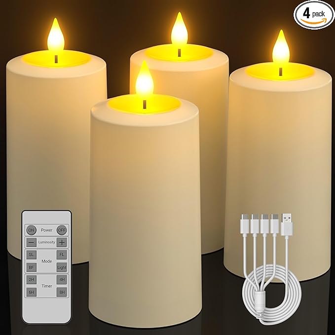 SoulBay Flameless LED Candles, 4-Pack USB Rechargeable, Flickering Waterproof White Pillar Candles with Remote Control Timer for Outdoor Lantern Patio Yard Indoor Holiday Decor, 2.75 x 5.1 Inches