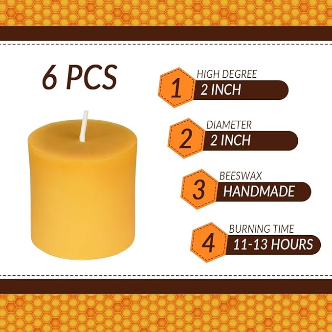 DEYBBY Natural Beeswax Pillar Candle -2x2 inch Smokeless Dripless Candles Set of 6 -Small Yellow Pure Beeswax Candles with Natural Scent for Family Church Prayer Home Decor, Each 13 Hours Burning