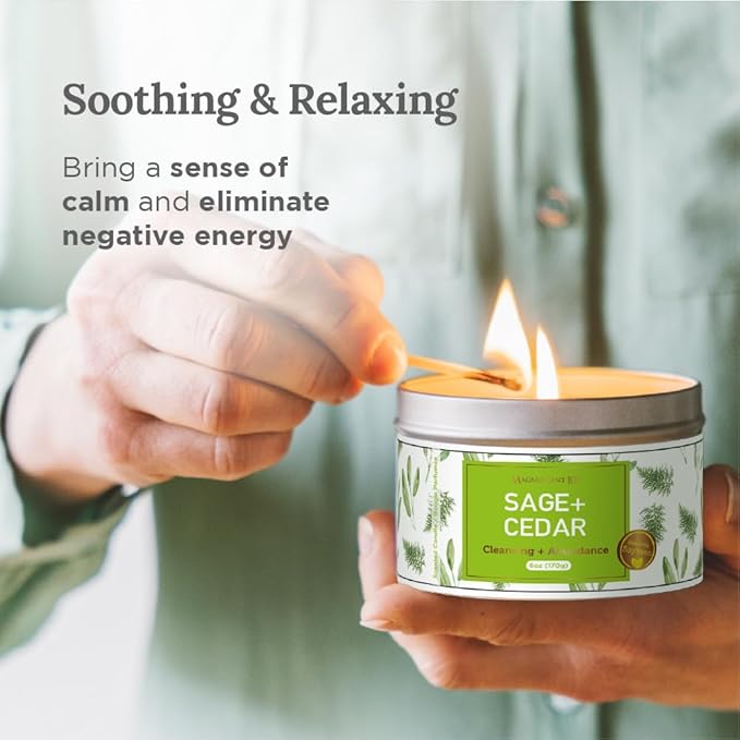 Magnificent 101 Long Lasting Sage + Cedar Smudge Candle - 6 Oz - 35 Hour Burn - Made of Soy Wax for Energy Cleansing & Manifestation - Let Abundance Flow Like an Endless River - Soy Candles