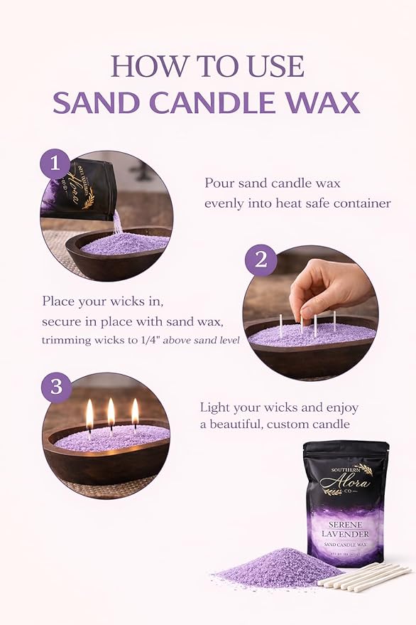 Candle Sand Wax 1 LB – Southern Alora Sand Candles with Wicks – Wax Beads with 10 Cotton Wicks – Refillable DIY Candle Kit for Wedding Centerpieces, Table Decor & Home Decor – Lavender Serenity