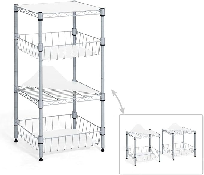 Fencer Wire NSF 2 to 4 Tier Stackable Wire Shelving Unit w/Baskets & Liner, Storage Rack Kitchen, Bathroom, Laundry Closet, Wire Shelving Basket Shelves, Storage Rack Corner Shelves, Silver Grey
