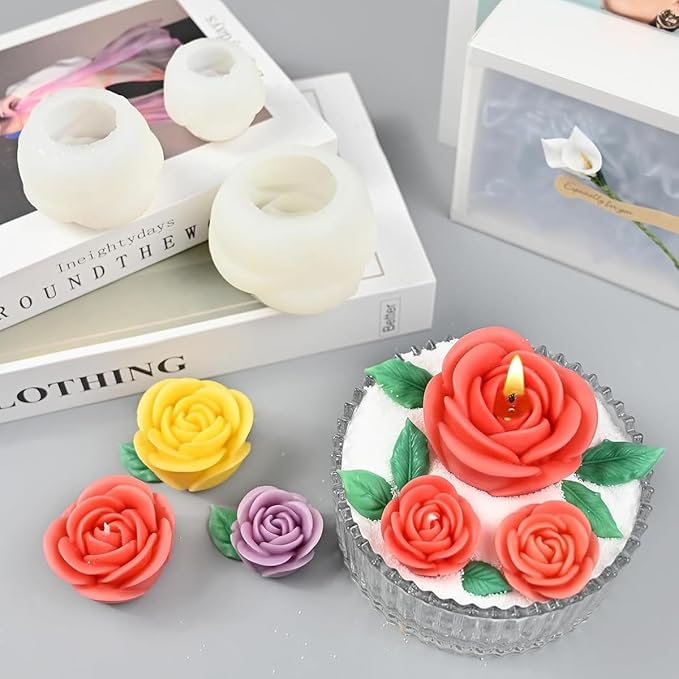 4PCS Rose & Leaf Candle Molds, 3D Flower Silicone Molds for Candles Epoxy Resin Casting Wax Soap Clay Plaster Home Decoration Handmade Gift