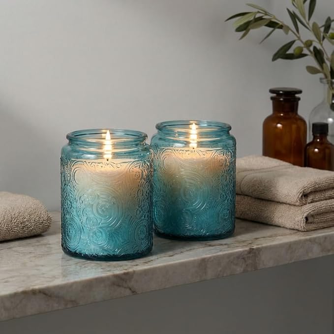 Art Secret 9-Pack 8oz Embossed Glass Candle Jars with Lids and Labels - Sun Moon Stars Design (Blue)