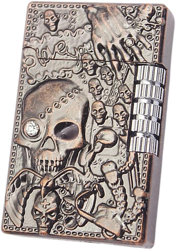 Carving Skull Antique Lighter, Vintage Cool Metal Lighters Refillable, Novelty Lighters for Men for Candles Ideas (No Butane Fuel). (Red Copper)