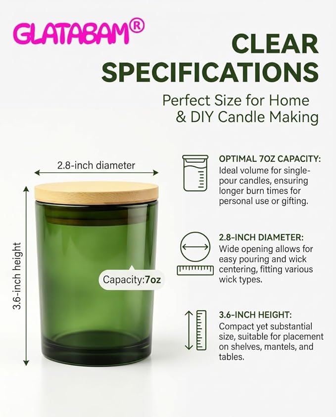 GLATABAM 7 OZ Candle Jars 12 Pack - Bulk Glass Candle Making Jars with Bamboo Lids & Labels, Heat Resistant Empty Reusable Candle Vessel for Containers(Green)