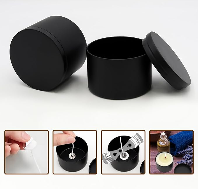 JAKOUE 4pcs Black 8oz Candle Tins with Lids - Premium Metal Candle Jars for DIY Craft, Wax Melts & Small Business (Leak-Proof Candle Containers) 80mm*60mm/3.15"*2.36"