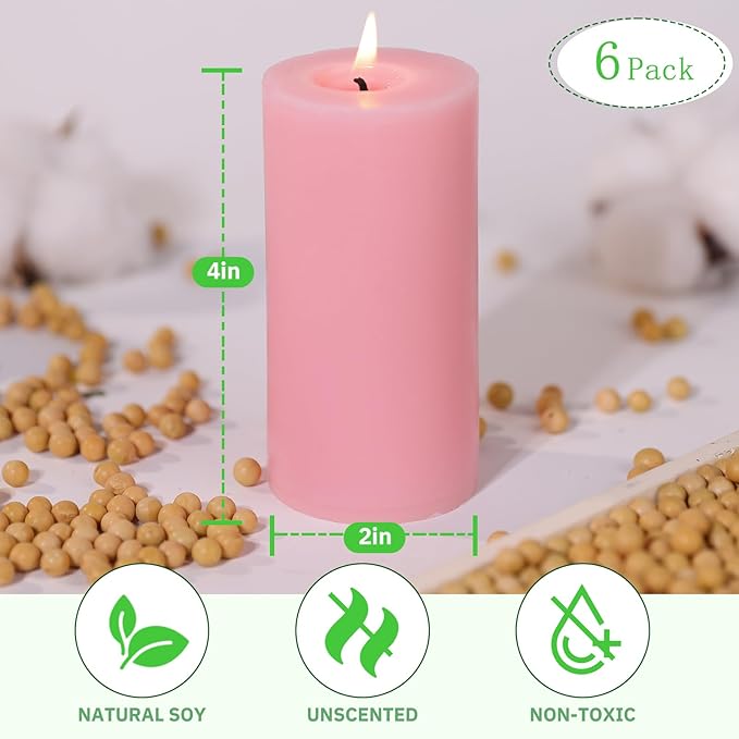 6 Pack Pink Soy Pillar Candles for Mother's Day, Handmade Baby Shower Candles Unscented Pillar Candle, 210 Hours Natural Soybean Candle for Wedding, Home, Party, Smokeless & Dripless-2x4in