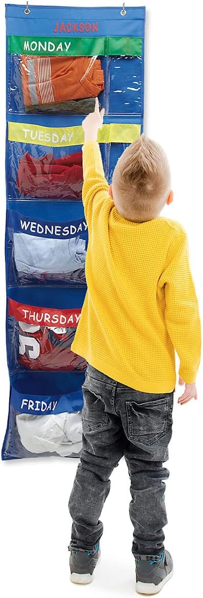Lillian Vernon Primary Colors Days Of The Week Hanging Clothing Organizer–Personalize With Name, Weekly Monday-Friday Over Door Weekday Kids Clothes Storage System, Sturdy Primary Poly, 19-1/2" x 62"