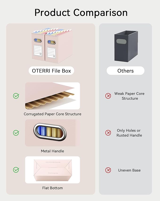 Oterri Cardboard File Organizer Box for Hanging File Folders Letter Size,File Box for Computer Desk,File Cabinet,Working Home,Office,Classroom (Light Pink, Letter Size - 2 Packs)