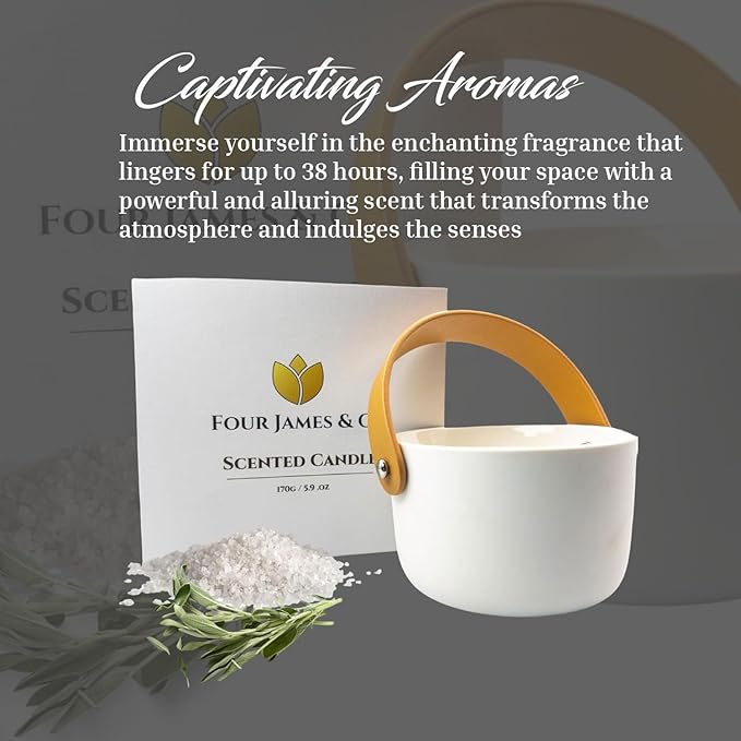FOUR JAMES & CO Luxury Highly Scented Premium Eco-Friendly Soy Wax 6oz Candles in Modern Giftable Box (Sea Salt & Sage)
