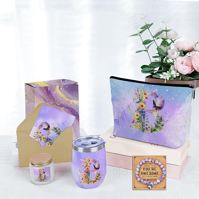 Personalized Gifts Monogrammed Birthday Gifts for Women, Sister Cowerker Mom Boss Day Christmas Appreciation Initial Wine Tumbler Makeup Bag Scented Candle Bracelet Set, (Aesthetic Purple Flower B)