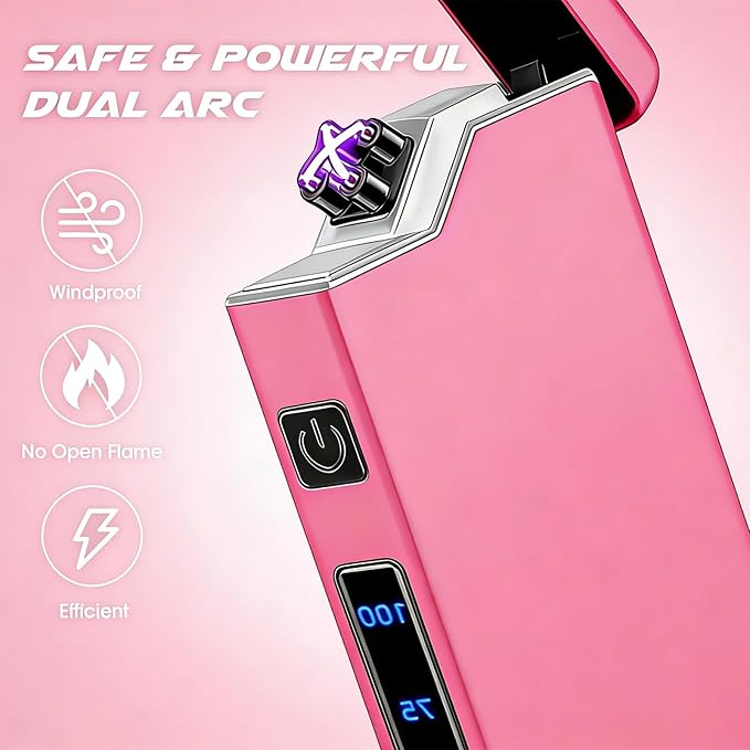 Electric Pink Lighter Dual Arc Plasma Lighter, Windproof Flameless Cool Electronic Lighters, Rechargeable USB with LED Battery Indication, Pocket Metal Lighters for Candles, Camping Unisex