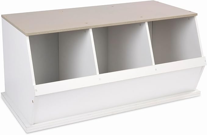 Badger Basket Three Bin Stackable Toy Storage Cubby Organizer - Expandable Modular Storage for Toys & Crafts - White/Gray Woodgrain