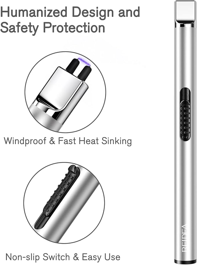 REIDEA Candle Lighter, Electric Arc Lighter with Safe Protector Button, USB Rechargeable Perfect for Camping Cooking BBQ Fireworks (Silver)