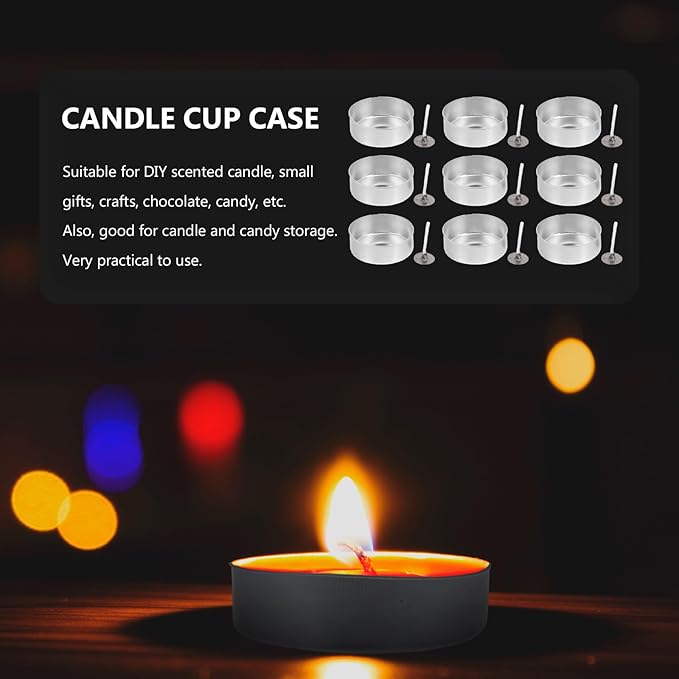 DOITOOL 100 Pcs Aluminum Tea Lights Cups, Round Empty Case Candle Wax Containers Candleholder, Metal Tea Light Tins with 100 Pcs Candle Wicks for Christmas Wedding Holiday Table Decoration
