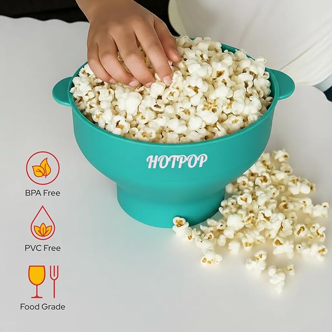 The Original Hotpop Microwave Popcorn Bowl Popper, Silicone Popcorn Maker, Collapsible Bowl and Dishwasher Safe- 20 Colors Available (Cyan)