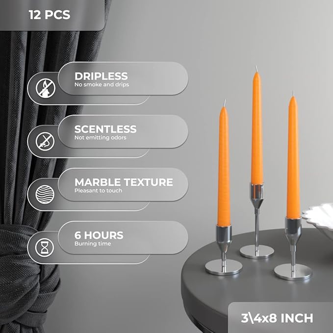 CANDWAX 8 inch Orange Taper Candles Set of 12 — Dripless Unscented Long Burning Candlesticks Perfect for Halloween Party, Thanksgiving Décor or Dinner Centerpiece — Orange Candlesticks