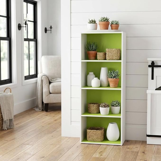 Furnifact Green White 4-Tier Open Shelf Bookcase, Wooden Construction, Stylish Modern Design, Durable, Home Office and Living Room Storage