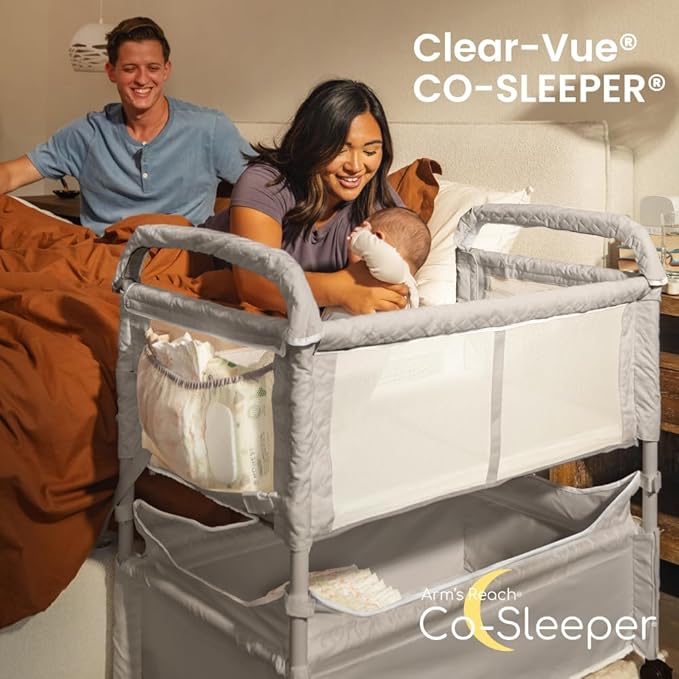 Arm’s Reach Clear-Vue Co-Sleeper Bedside Bassinet Featuring Clear Mesh Panels with Fold-Down Side, Large Attached Storage Basket, 4 Wheels, and Height-Adjustable Legs, Gray