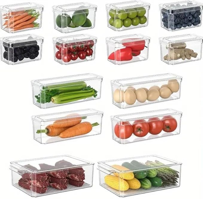 INNOVATIVE LIFE 14 Pack Refrigerator Organizers and Storage, Stackable Fridge Organizer Bins with Lids, BPA-Free Produce Fruit Storage Containers for Storage Clear for Food, Vegetable Storage