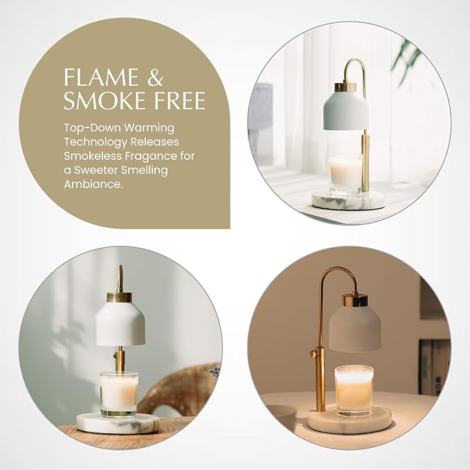 Marble Candle Warmer Lamp with Timer & Dimmer - Adjustable Height Electric Wax Melt Warmer fit for All Jar Candle Sizes, Premium Marble Base - Flameless Fragnance Lamp for Home Decor & Gifts
