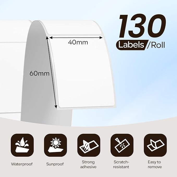 Phomemo Labels Thermal Printer Labels for M110 M200 M220 M221 M150 M250 M260 M108 M100 Label Printer, Thermal Paper for Small Business, Price Tags, Black on White 1.57"x2.36"(40x60mm), 130 Label/Roll